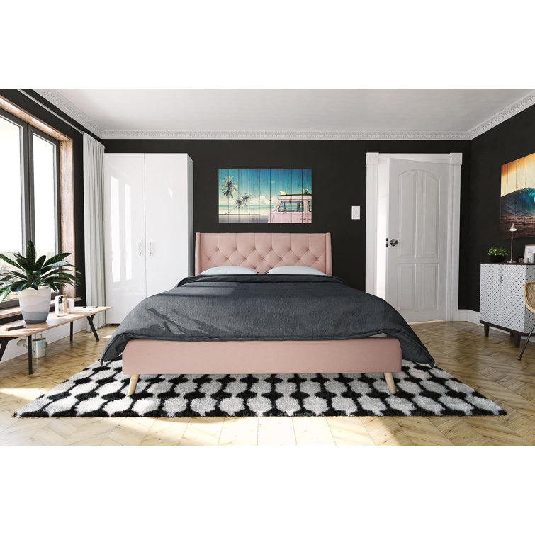Elegant Gray Linen Upholstered Queen Platform Bed with Tufted Headboard