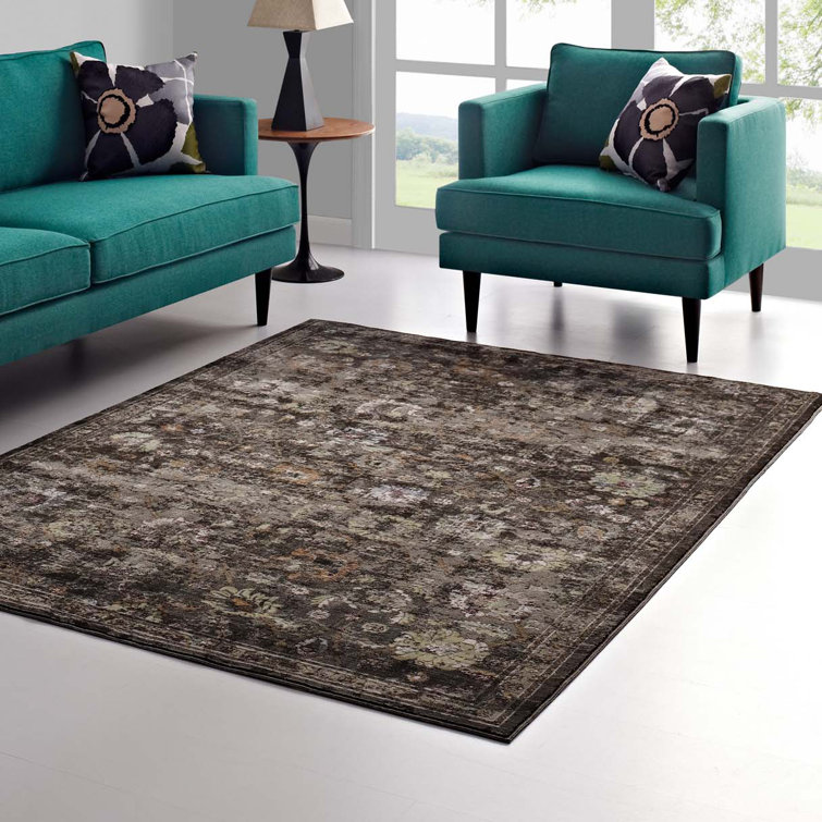 Minu Distressed Floral Lattice 4' x 6' Black and Orange Area Rug