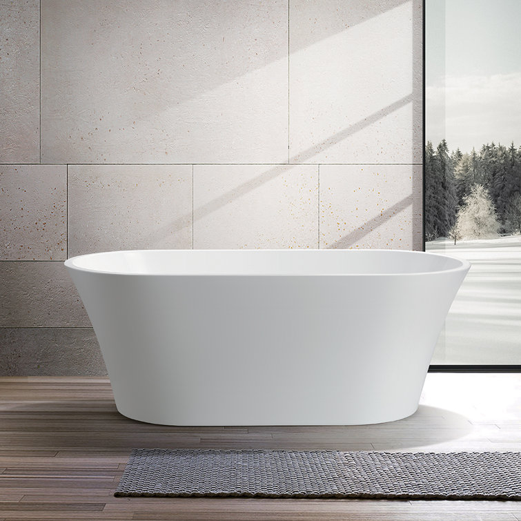 63" White Acrylic Freestanding Soaking Bathtub with Pop-Up Drain