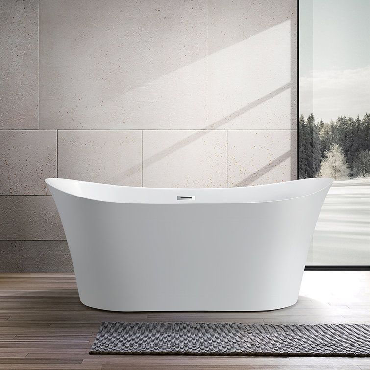 67-Inch White Acrylic Freestanding Soaking Bathtub with Polished Chrome Overflow