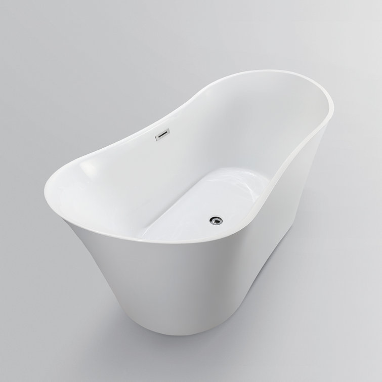 67-Inch White Acrylic Freestanding Soaking Bathtub with Polished Chrome Overflow