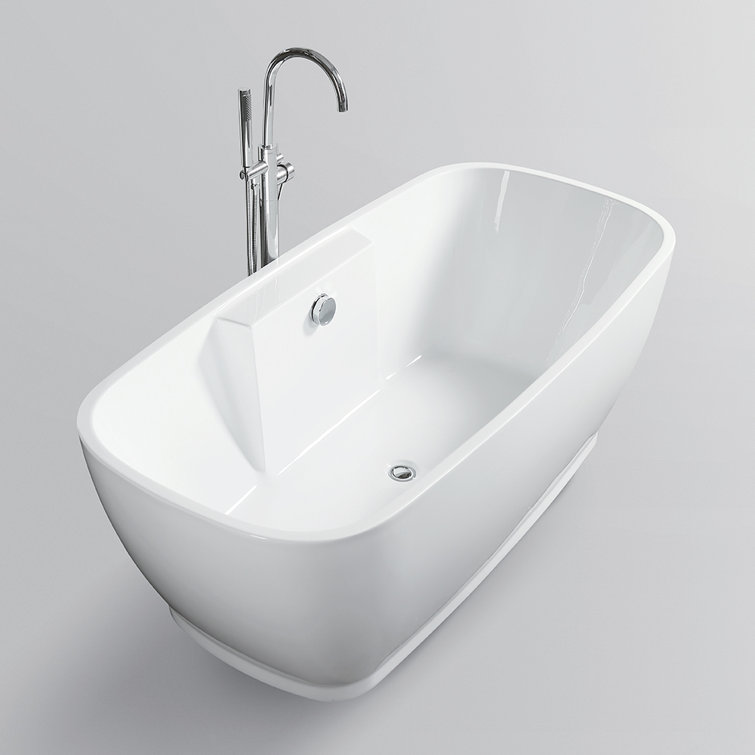 59" White Freestanding Acrylic Soaking Bathtub with Chrome Overflow