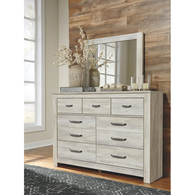 Transitional Farmhouse 7-Drawer Dresser with Mirror in White
