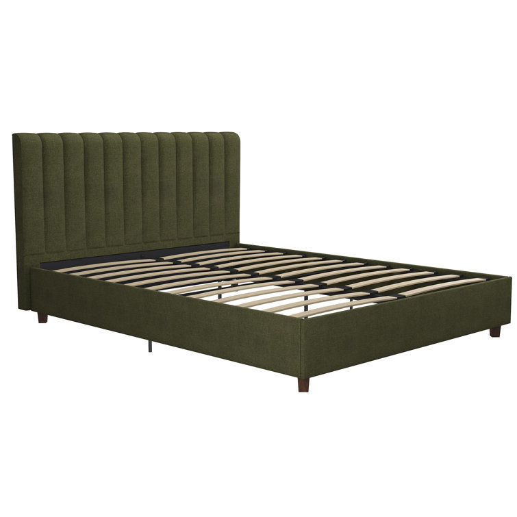 Green Linen Upholstered Queen Platform Bed with Oak Legs