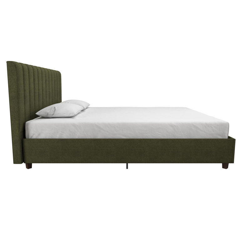 Green Linen Upholstered Queen Platform Bed with Oak Legs
