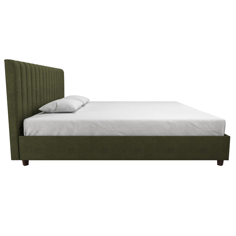 King Green Linen Upholstered Platform Bed with Oak Legs
