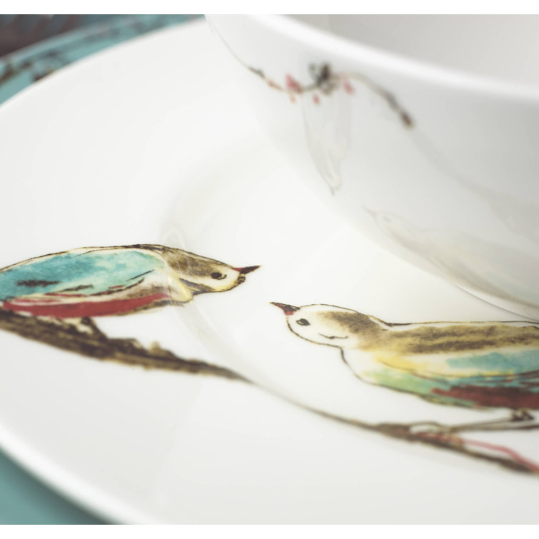 Chirp 4 Piece Bone China Place Setting with Teal Accents