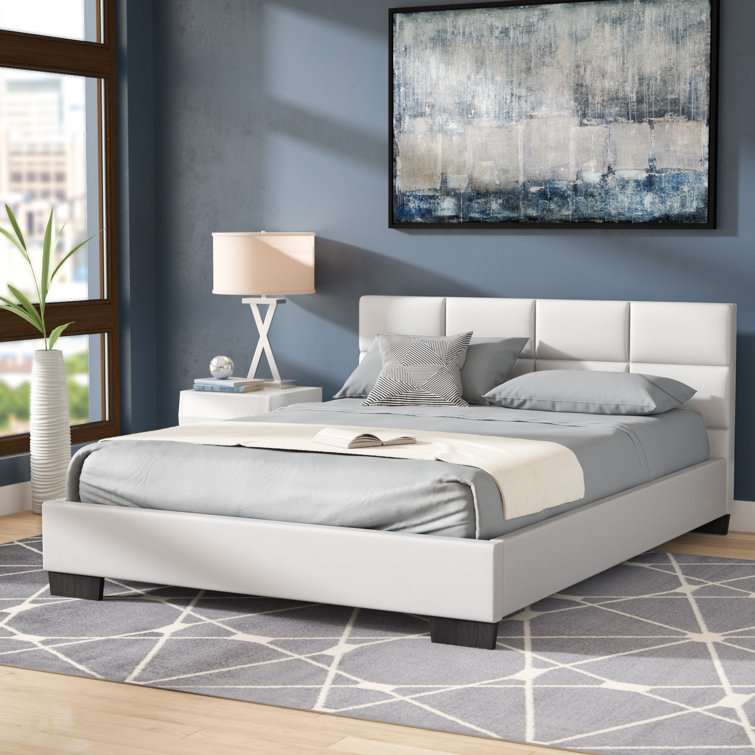 White Queen Faux Leather Upholstered Platform Bed with Tufted Headboard