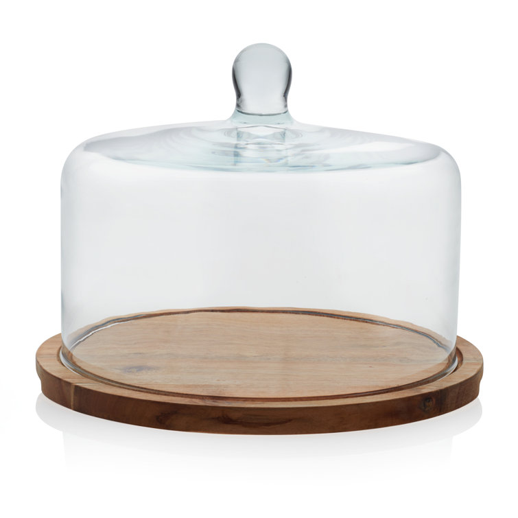 Acacia Wood Round Cake Stand with Glass Dome Lid