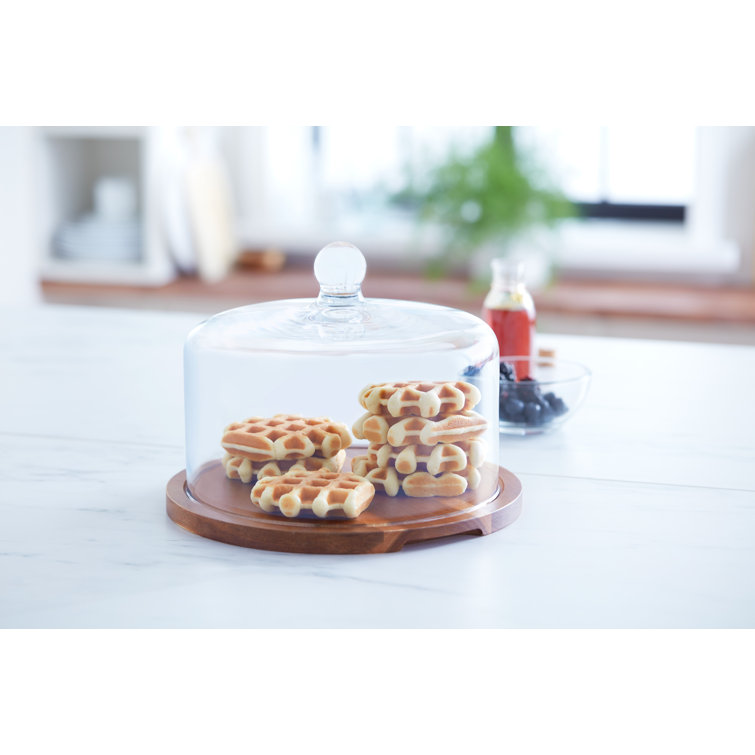 Acacia Wood Round Cake Stand with Glass Dome Lid