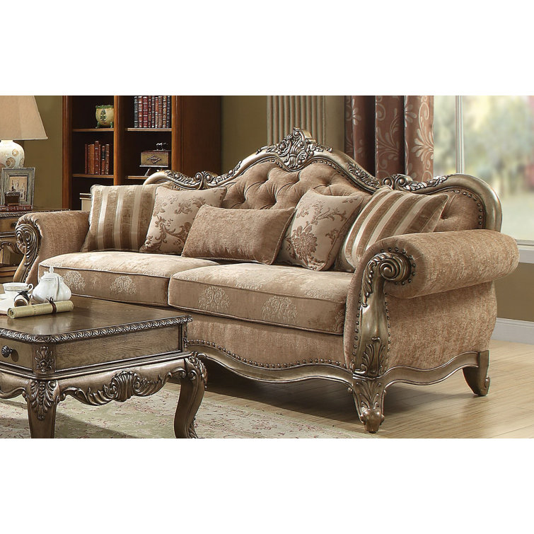 Ragenardus Vintage Oak & Tan Floral Tufted Sofa with Pillows