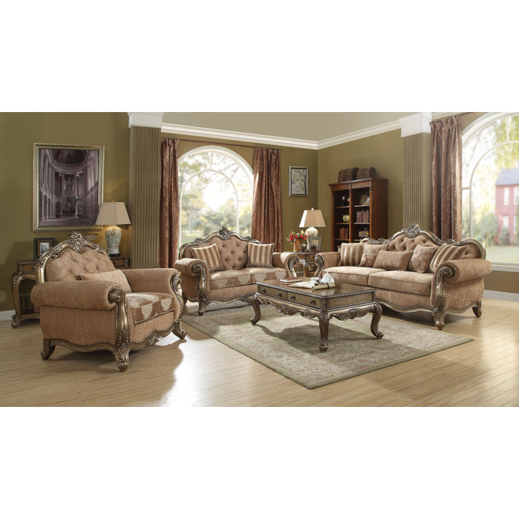 Ragenardus Vintage Oak & Tan Floral Tufted Sofa with Pillows