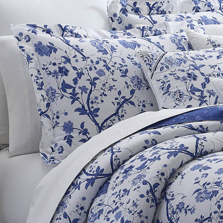 Charlotte Blue and White Square Embroidered Linen-Cotton Throw Pillow