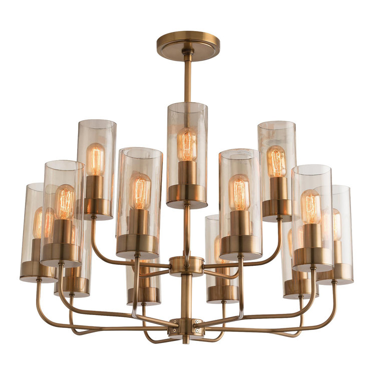 Antique Brass 15-Light Chandelier with Smoke Glass Shades