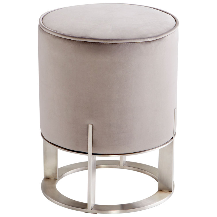 Contemporary Velvet-Cushioned Round Ottoman in Brushed Steel