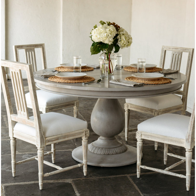 Aged French Gray Round Solid Wood Pedestal Dining Table