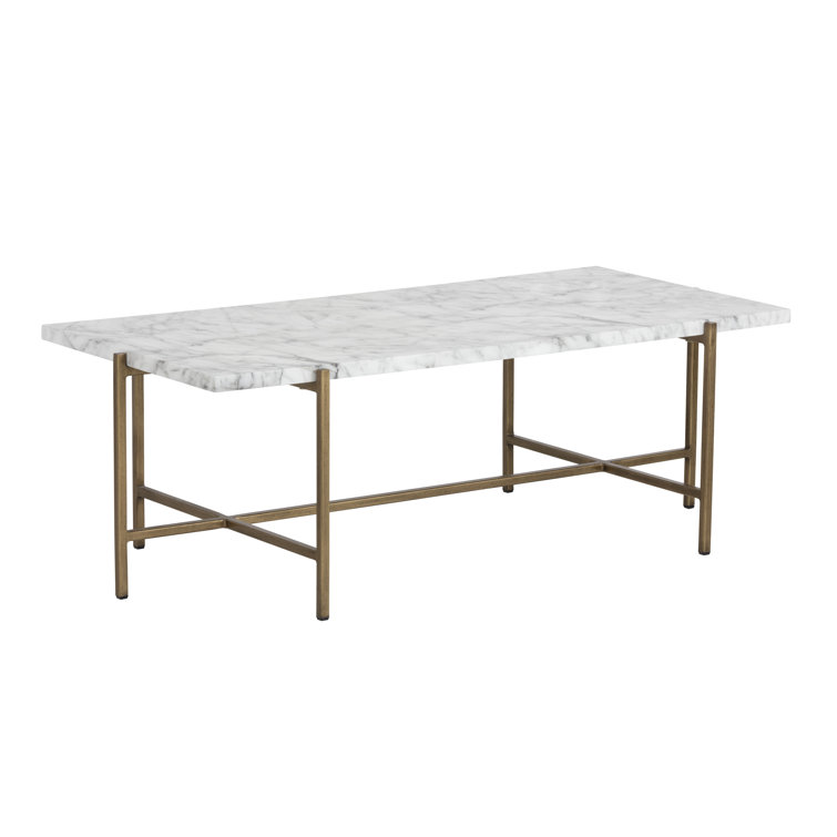 Elegant White Marble Look and Antique Brass Rectangular Outdoor Coffee Table
