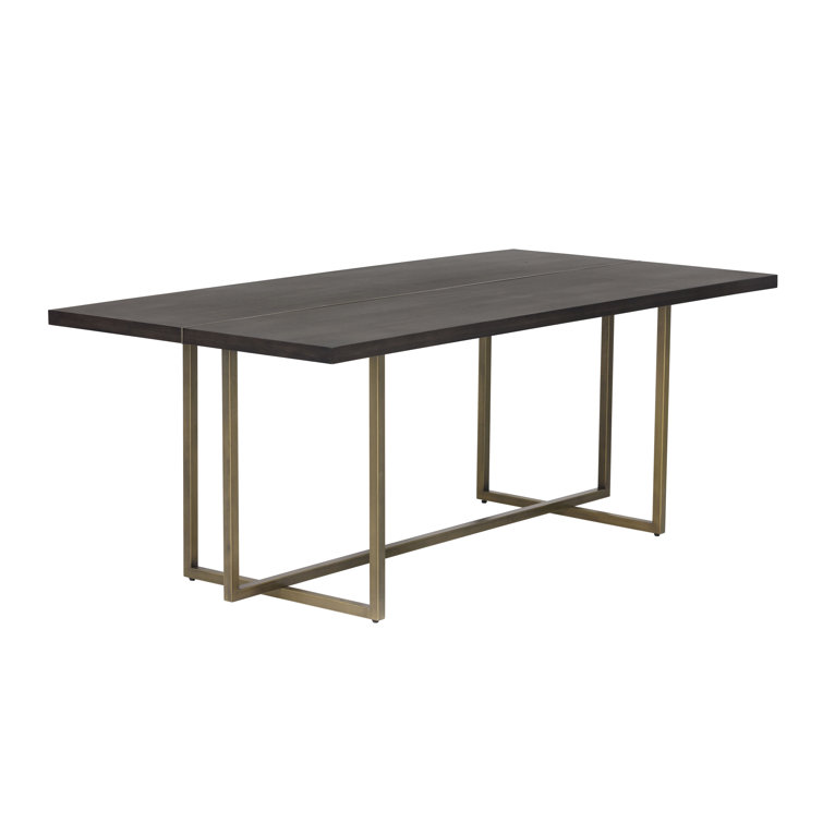 Dark Brown Rectangular Wood Dining Table with Gold Metal Frame