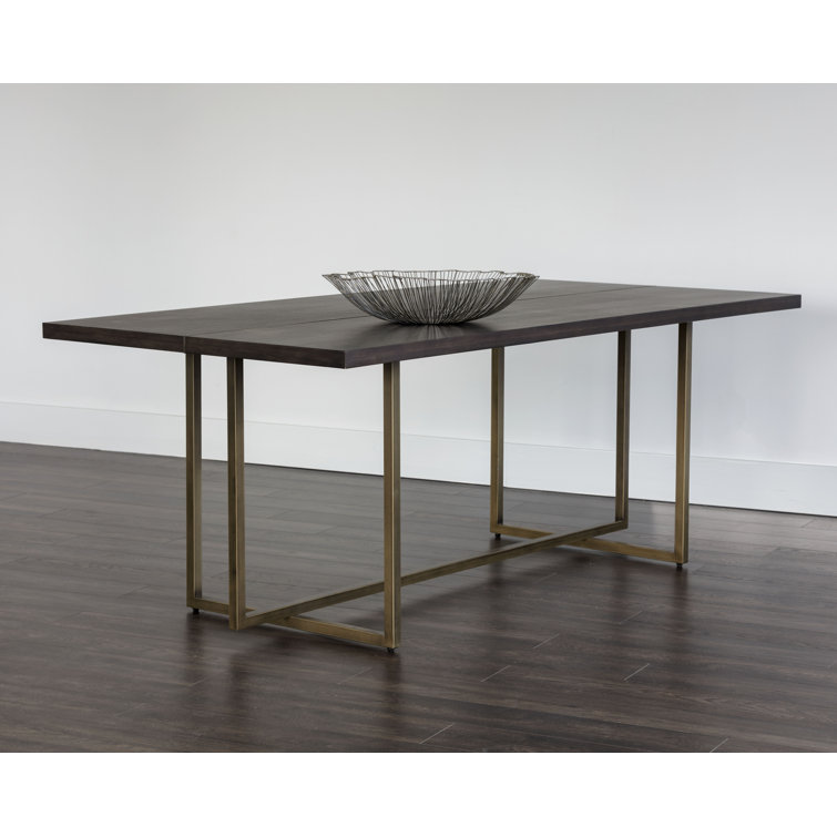 Dark Brown Rectangular Wood Dining Table with Gold Metal Frame