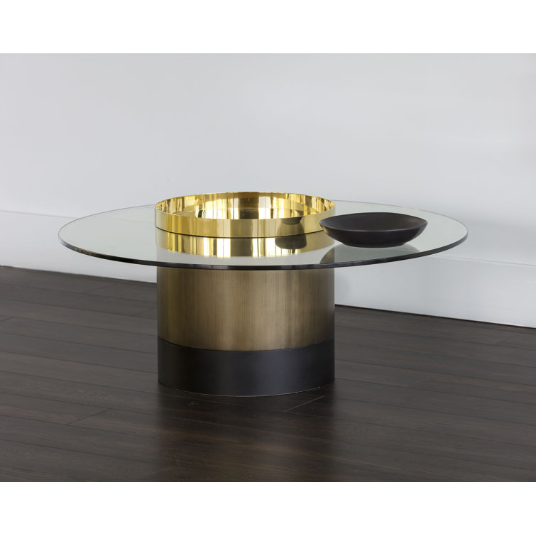 Round Glass and Gold Outdoor Coffee Table with Storage