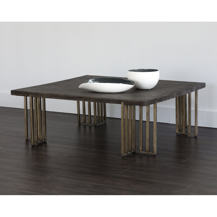 Square Brown Oak and Brass Outdoor Coffee Table