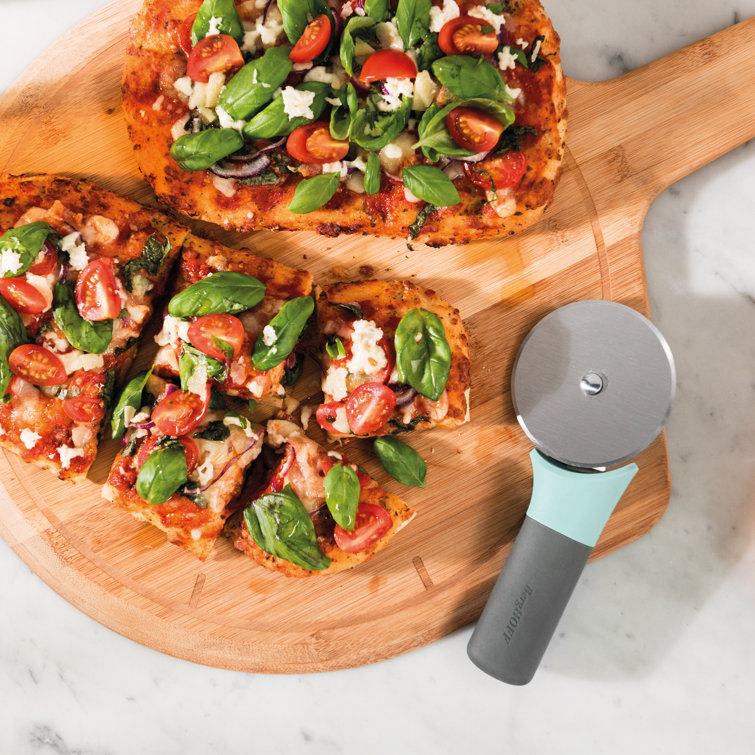Aqua and Gray Stainless Steel Pizza Cutter with Ergonomic Handle