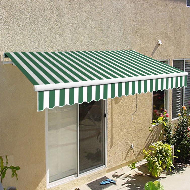 Linen and White Striped Retractable Patio Awning with Aluminum Frame