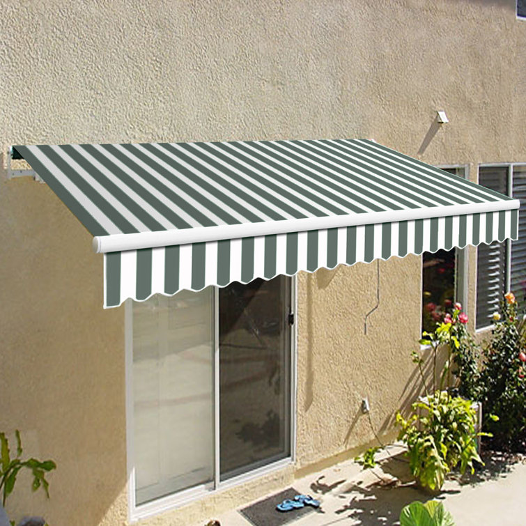 Gray and White Striped 10 ft Retractable Patio Awning