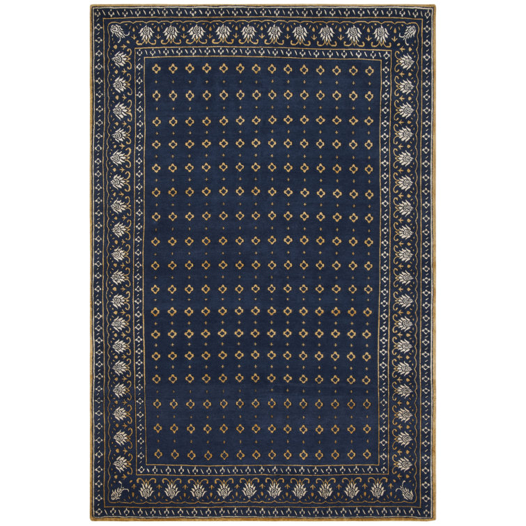 Indigo and Beige Geometric Hand-Knotted Wool Silk Rug, 6' x 9'