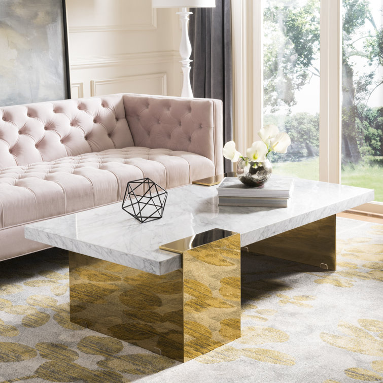 Mycha Luxurious White Marble and Brass Rectangular Coffee Table with Storage