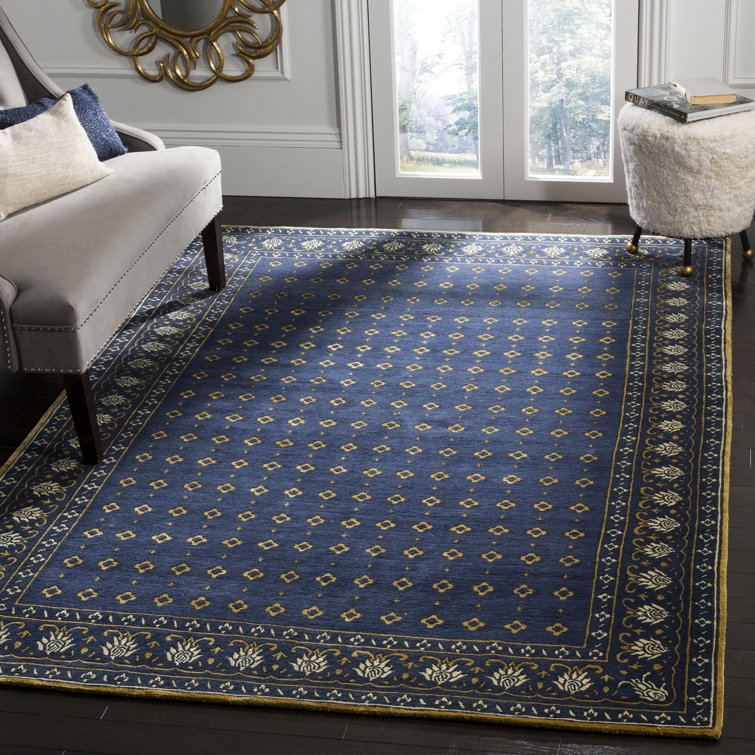 Indigo and Beige Geometric Hand-Knotted Wool Silk Rug, 6' x 9'