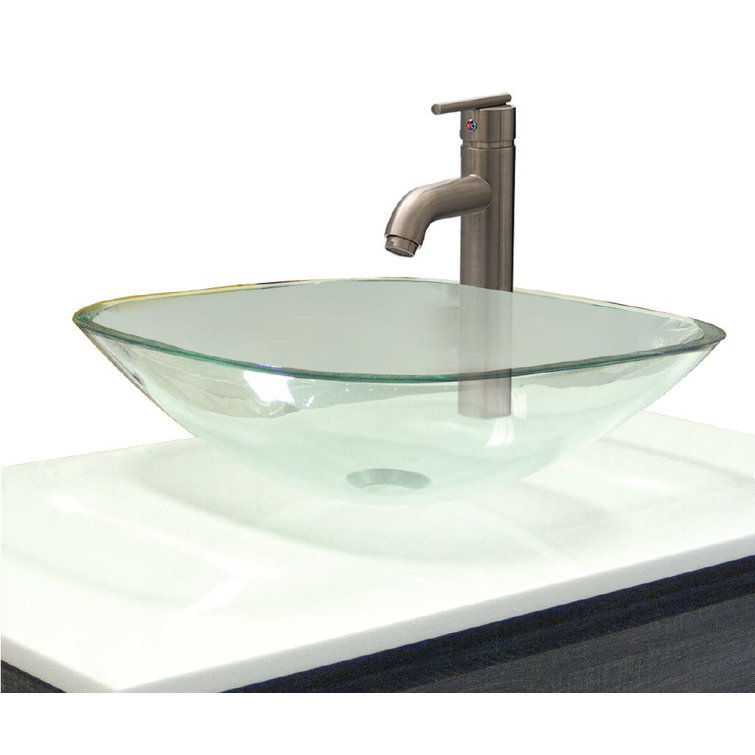 Clear Glass Square Above-Counter Vessel Sink, 16.56 Inch