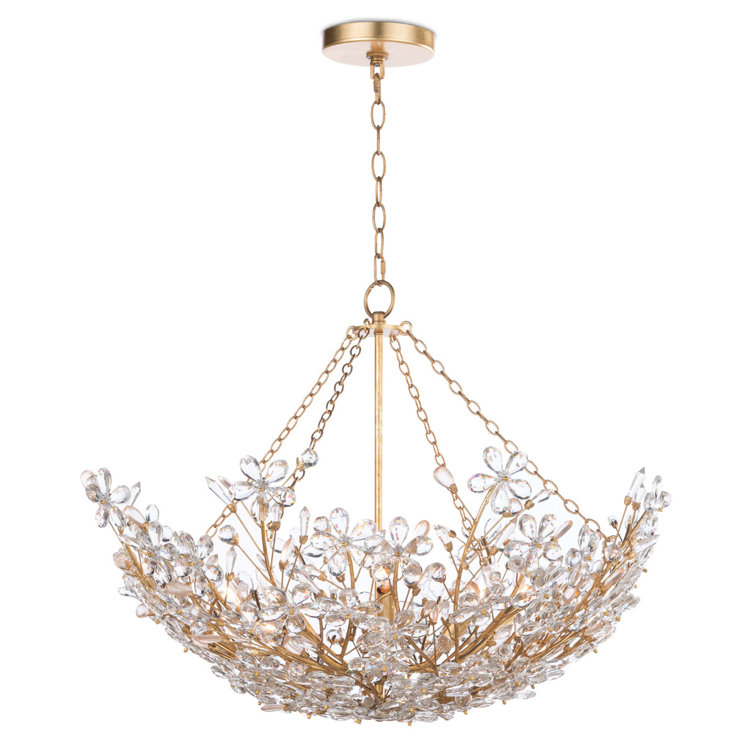 Elegant Gold Leaf 27.5" Chandelier with Crystal Accents