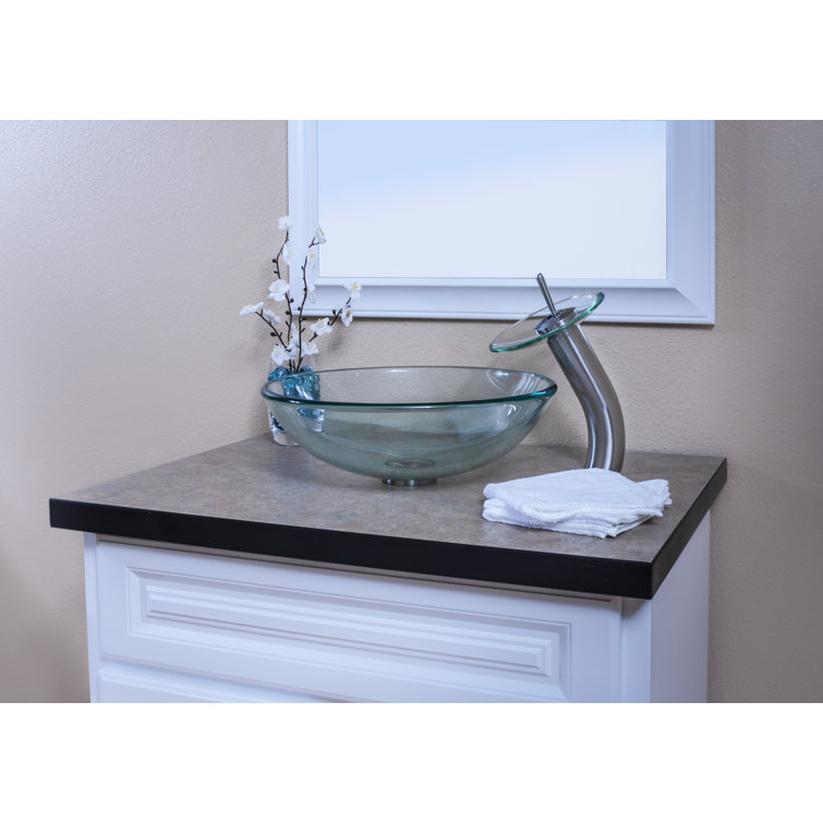 Brushed Nickel Single Handle Waterfall Vessel Sink Faucet with Clear Glass Disc