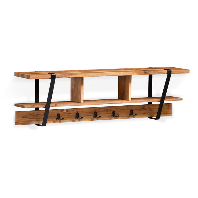 Ryegate Natural Acacia Wood Wall Shelf with Black Metal Hooks