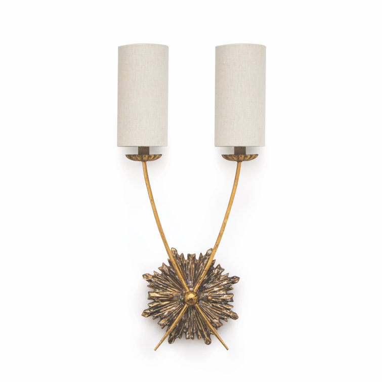 Antique Gold Dual-Light Linen Shade Wall Sconce
