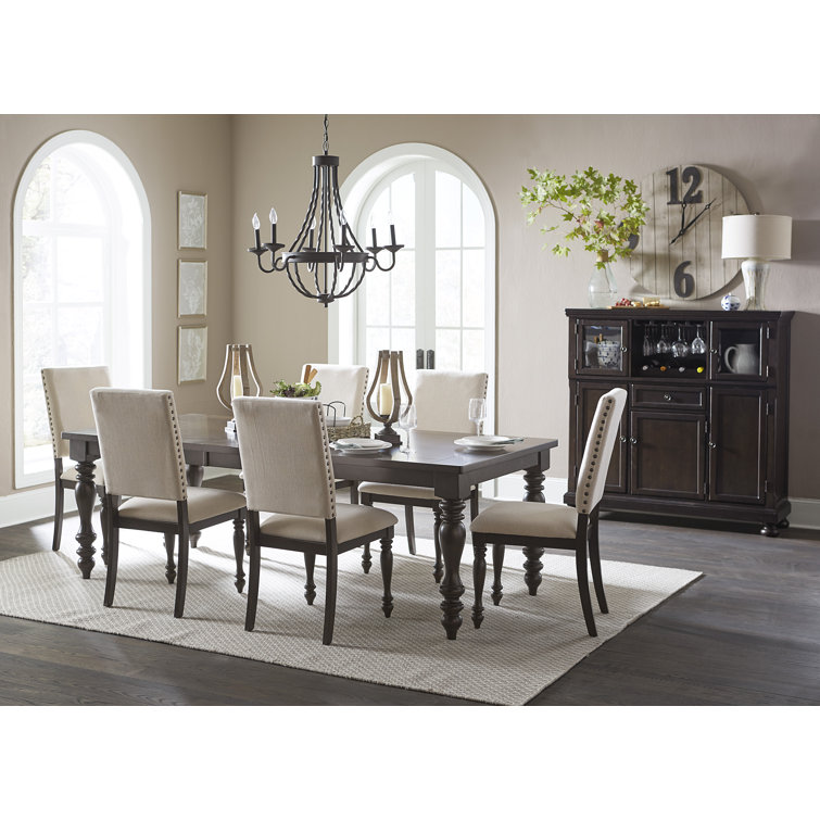 Grayish Brown Extendable Dining Set with Beige Upholstered Chairs