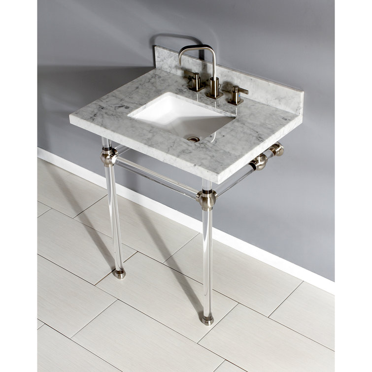 30-Inch Carrara Marble Vanity Top with Clear Acrylic Console Legs