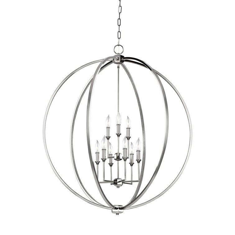 Elegant Polished Nickel 9-Light Crystal Globe Chandelier