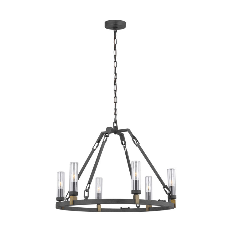 Antique Forged Iron 6-Light Outdoor Brass Candle Chandelier with Clear Glass