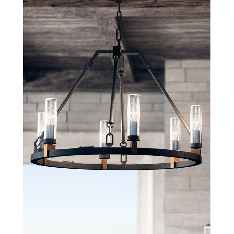 Antique Forged Iron 6-Light Outdoor Brass Candle Chandelier with Clear Glass