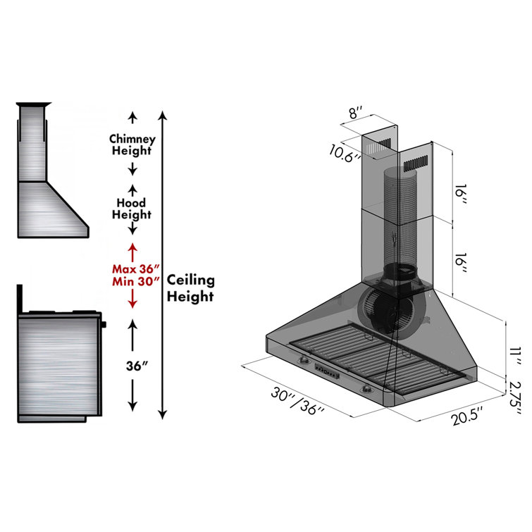 36-Inch Stainless Steel Convertible Wall Mount Range Hood