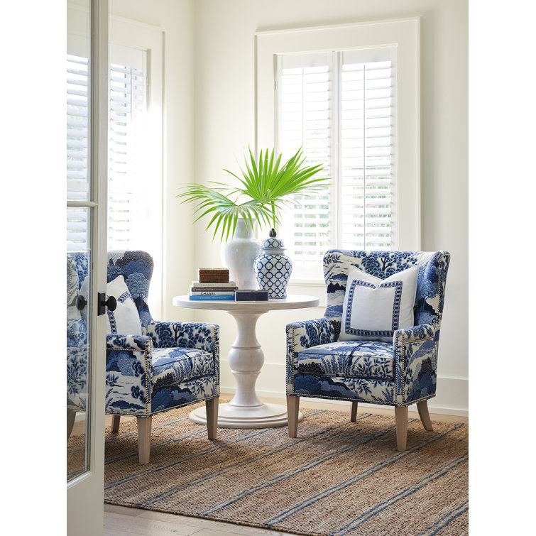 Cameo Shores Blue Linen Blend Wingback Chair with Nickel Nailhead
