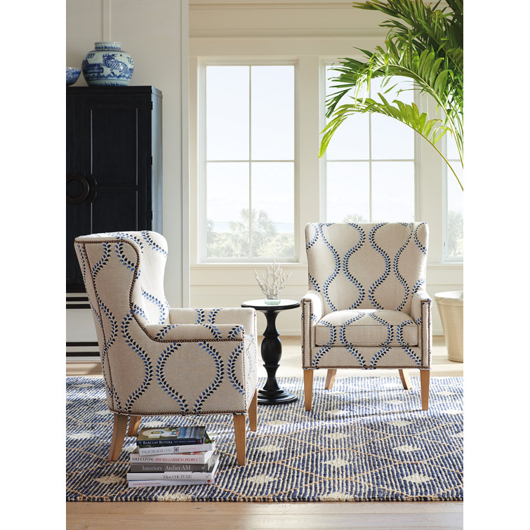 Avery Beige Linen Wingback Chair with Laguna Sands Frame