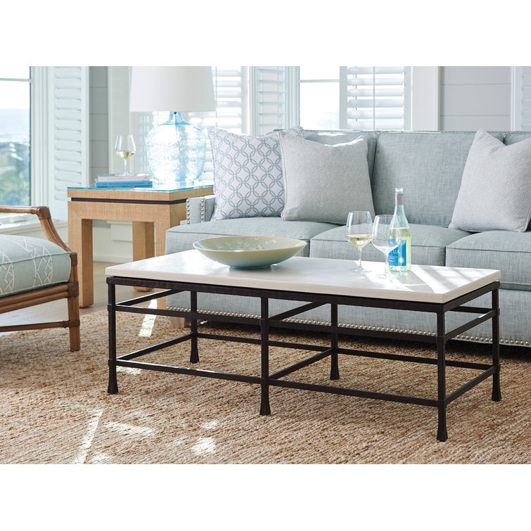 Rectangular White Stone Top Coffee Table with Bronze Base