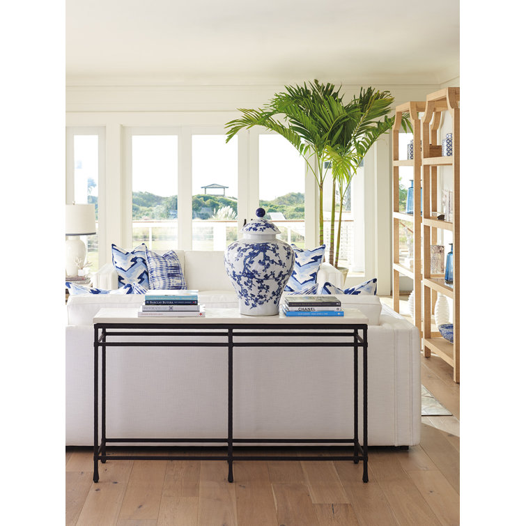Transitional Flared Foot 58'' Stone and Metal Console Table in Brown/White