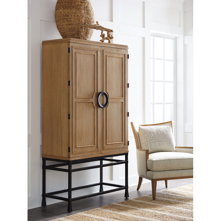 Seaglass Green and Blue Transitional Bar Cabinet with Bronze Base