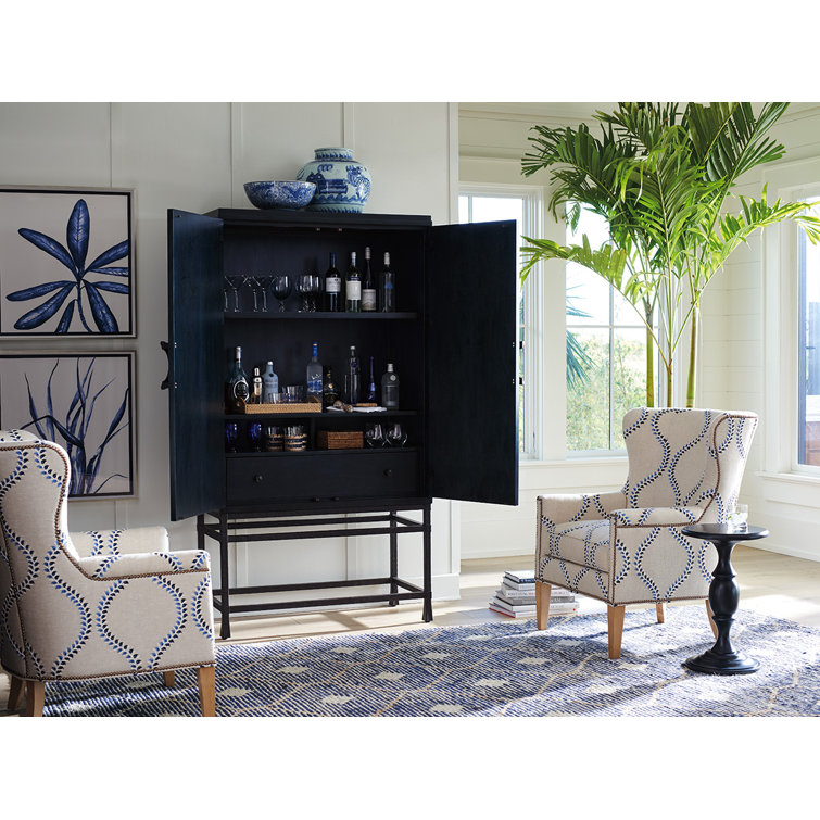 Seaglass Green and Blue Transitional Bar Cabinet with Bronze Base