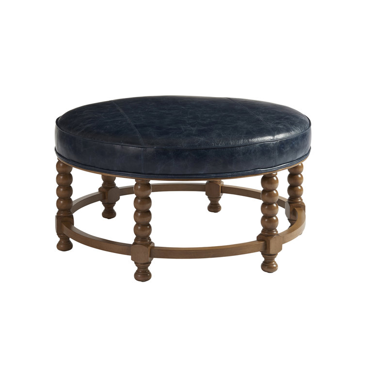 Round Blue Leather and Wood Cocktail Ottoman