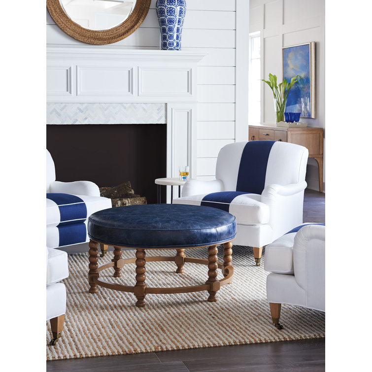 Round Blue Leather and Wood Cocktail Ottoman
